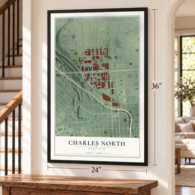 Charles North, Maryland map, 24 x 36 inch print in a black frame by a staircase