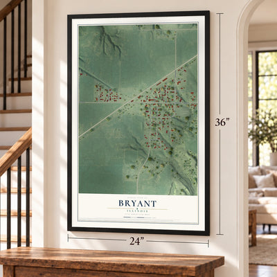 Bryant, Illinois map, 24 x 36 inch print in a black frame by a staircase