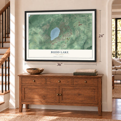 Budd Lake, New Jersey map, 24 x 36 inch print in a black frame above a dresser by a staircase