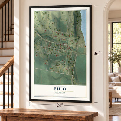 Rulo, Nebraska map, 24 x 36 inch print in a black frame by a staircase