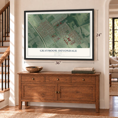 Graymoor-Devondale, Kentucky map, 24 x 36 inch print in a black frame above a dresser by a staircase