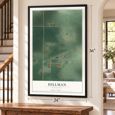 Hillman, Minnesota map, 24 x 36 inch print in a black frame by a staircase