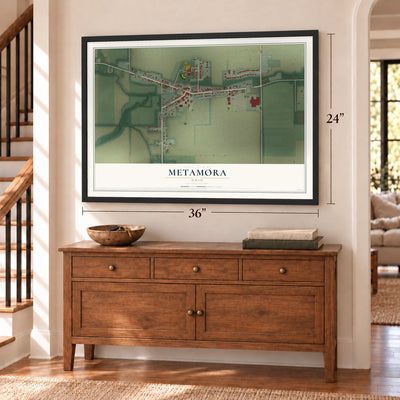 Metamora, Ohio map, 24 x 36 inch print in a black frame above a dresser by a staircase