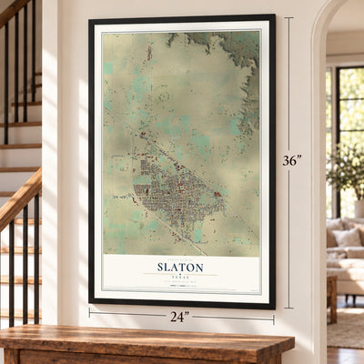 Slaton, Texas map, 24 x 36 inch print in a black frame by a staircase