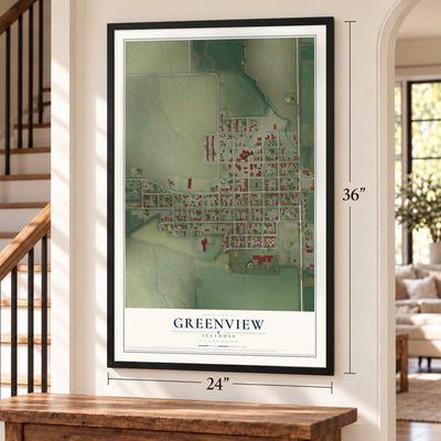 Greenview, Illinois map, 24 x 36 inch print in a black frame by a staircase