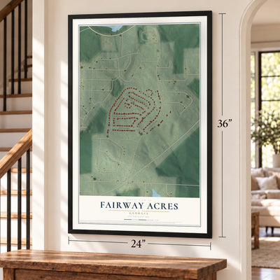 Fairway Acres, Georgia map, 24 x 36 inch print in a black frame by a staircase