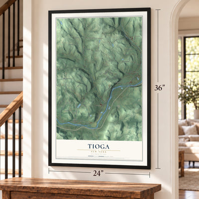Tioga, New York map, 24 x 36 inch print in a black frame by a staircase