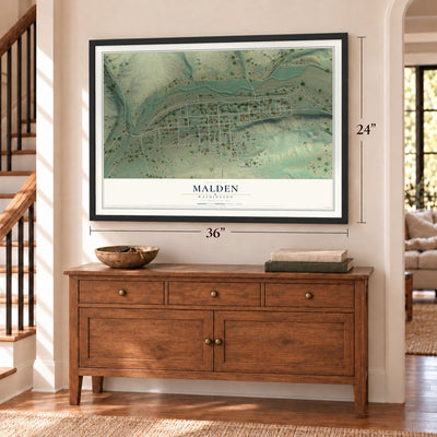 Malden, Washington map, 24 x 36 inch print in a black frame above a dresser by a staircase