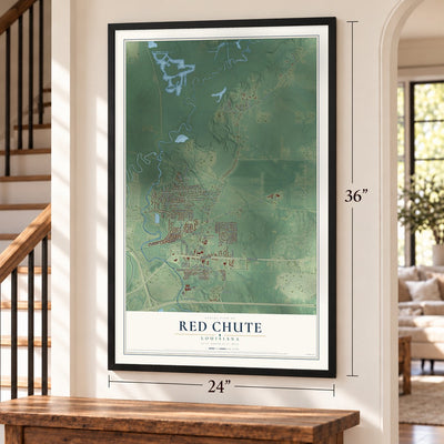 Red Chute, Louisiana map, 24 x 36 inch print in a black frame by a staircase