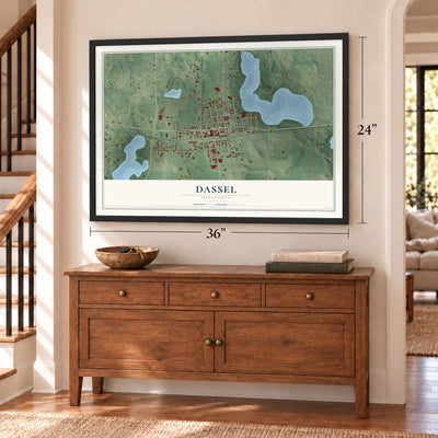 Dassel, Minnesota map, 24 x 36 inch print in a black frame above a dresser by a staircase
