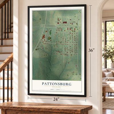 Pattonsburg, Missouri map, 24 x 36 inch print in a black frame by a staircase
