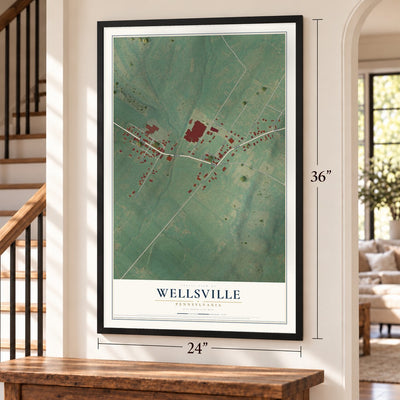 Wellsville, Pennsylvania map, 24 x 36 inch print in a black frame by a staircase