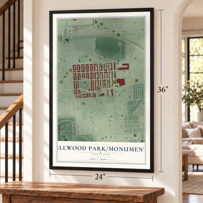 Ellwood Park-Monument, Maryland map, 24 x 36 inch print in a black frame by a staircase