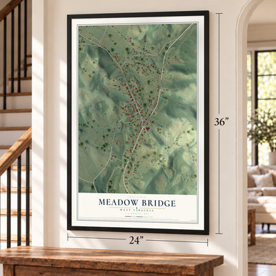 Meadow Bridge, West Virginia map, 24 x 36 inch print in a black frame by a staircase