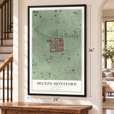 Milton-Montford, Maryland map, 24 x 36 inch print in a black frame by a staircase