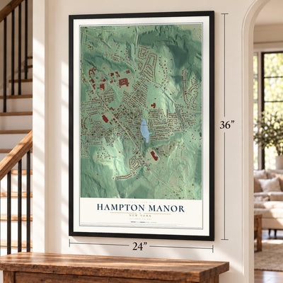 Hampton Manor, New York map, 24 x 36 inch print in a black frame by a staircase