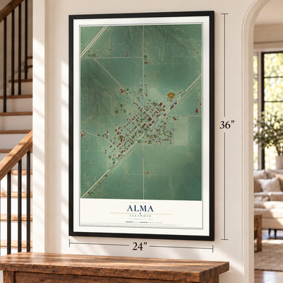 Alma, Illinois map, 24 x 36 inch print in a black frame by a staircase