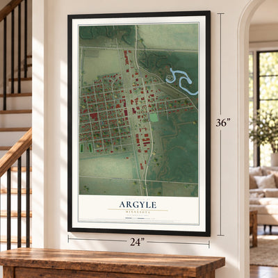 Argyle, Minnesota map, 24 x 36 inch print in a black frame by a staircase