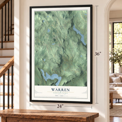 Warren, Connecticut map, 24 x 36 inch print in a black frame by a staircase