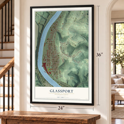 Glassport, Pennsylvania map, 24 x 36 inch print in a black frame by a staircase