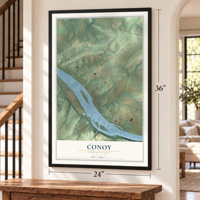 Conoy, Pennsylvania map, 24 x 36 inch print in a black frame by a staircase