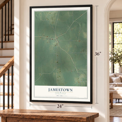 Jamestown, Louisiana map, 24 x 36 inch print in a black frame by a staircase
