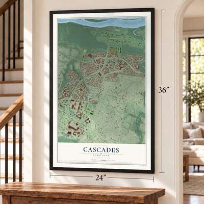 Cascades, Virginia map, 24 x 36 inch print in a black frame by a staircase
