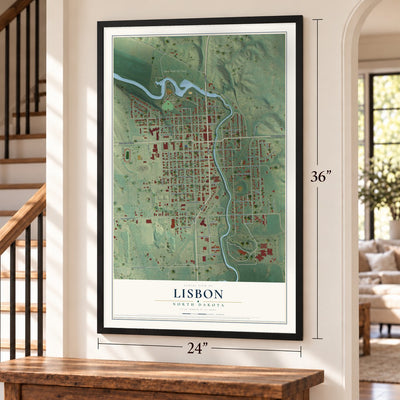 Lisbon, North Dakota map, 24 x 36 inch print in a black frame by a staircase