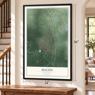 Macon, Mississippi map, 24 x 36 inch print in a black frame by a staircase