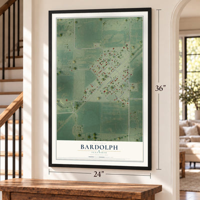 Bardolph, Illinois map, 24 x 36 inch print in a black frame by a staircase