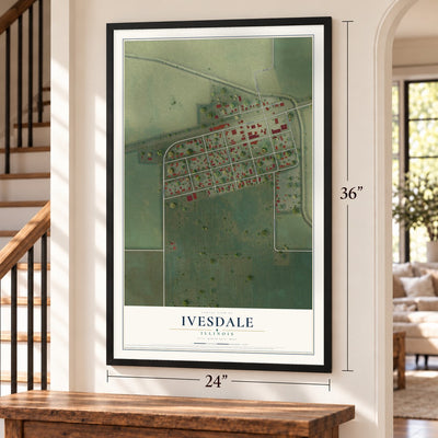 Ivesdale, Illinois map, 24 x 36 inch print in a black frame by a staircase