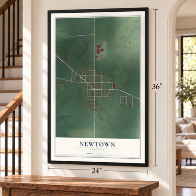 Newtown, Indiana map, 24 x 36 inch print in a black frame by a staircase