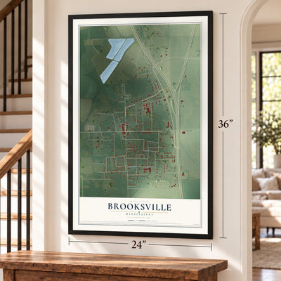 Brooksville, Mississippi map, 24 x 36 inch print in a black frame by a staircase