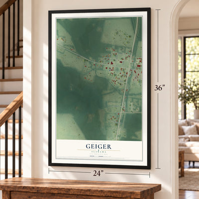 Geiger, Alabama map, 24 x 36 inch print in a black frame by a staircase