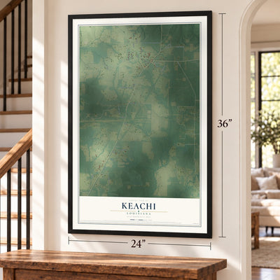 Keachi, Louisiana map, 24 x 36 inch print in a black frame by a staircase