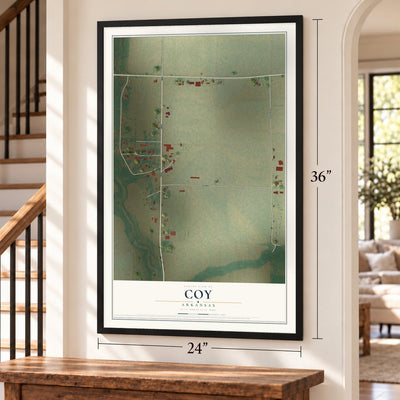Coy, Arkansas map, 24 x 36 inch print in a black frame by a staircase