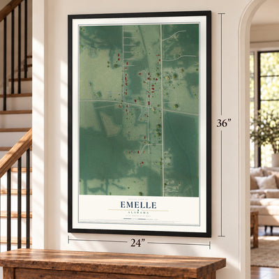 Emelle, Alabama map, 24 x 36 inch print in a black frame by a staircase