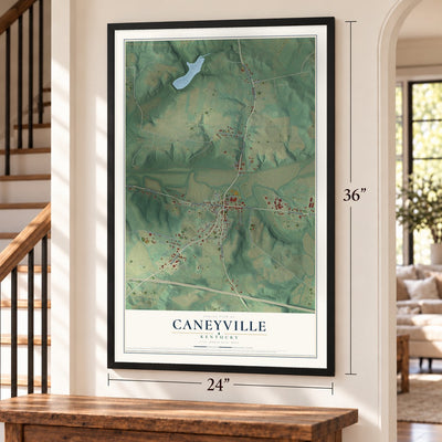 Caneyville, Kentucky map, 24 x 36 inch print in a black frame by a staircase