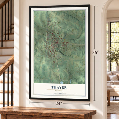 Thayer, Missouri map, 24 x 36 inch print in a black frame by a staircase
