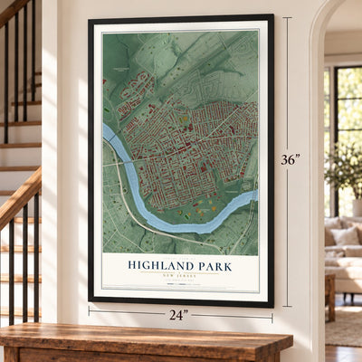 Highland Park, New Jersey map, 24 x 36 inch print in a black frame by a staircase