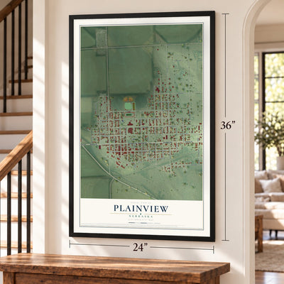 Plainview, Nebraska map, 24 x 36 inch print in a black frame by a staircase