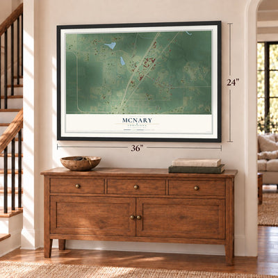 McNary, Louisiana map, 24 x 36 inch print in a black frame above a dresser by a staircase
