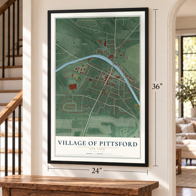 Village of Pittsford, New York map, 24 x 36 inch print in a black frame by a staircase