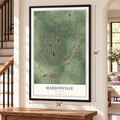 Marionville, Missouri map, 24 x 36 inch print in a black frame by a staircase
