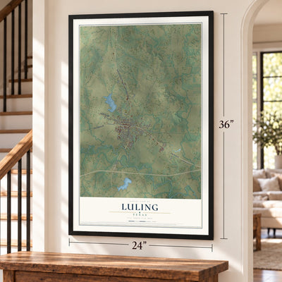 Luling, Texas map, 24 x 36 inch print in a black frame by a staircase