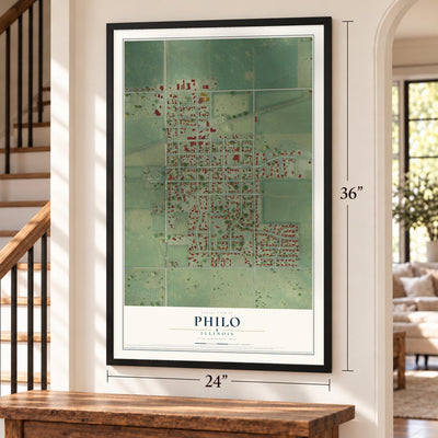 Philo, Illinois map, 24 x 36 inch print in a black frame by a staircase