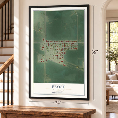 Frost, Minnesota map, 24 x 36 inch print in a black frame by a staircase
