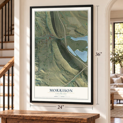 Morrison, Colorado map, 24 x 36 inch print in a black frame by a staircase