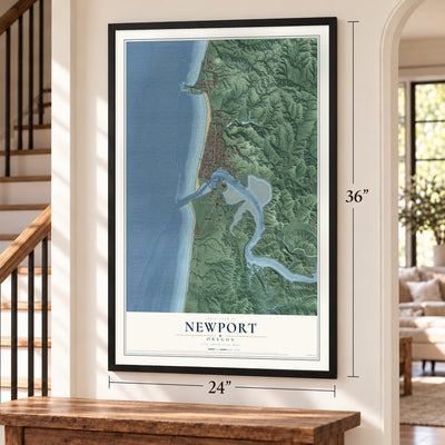 Newport, Oregon map, 24 x 36 inch print in a black frame by a staircase