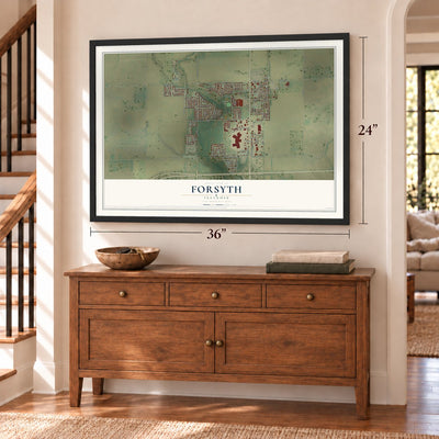 Forsyth, Illinois map, 24 x 36 inch print in a black frame above a dresser by a staircase